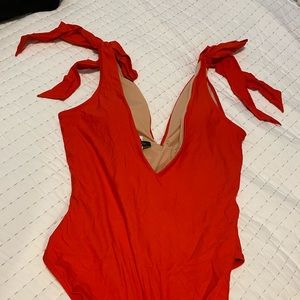 Red jcrew V shoulder tie one piece